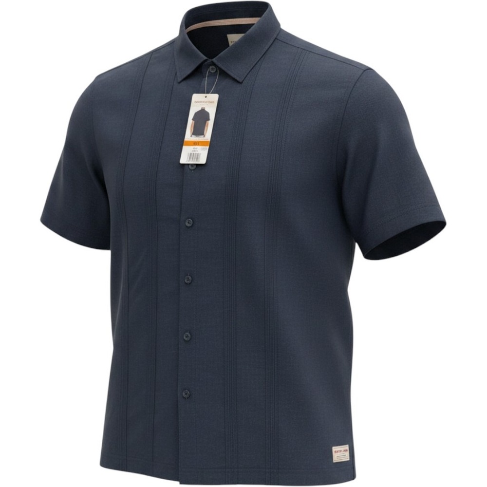NEW‎ Scotch & Soda Mens XXL Navy Blue Linen Blend Pintuck Guayabera Shirt